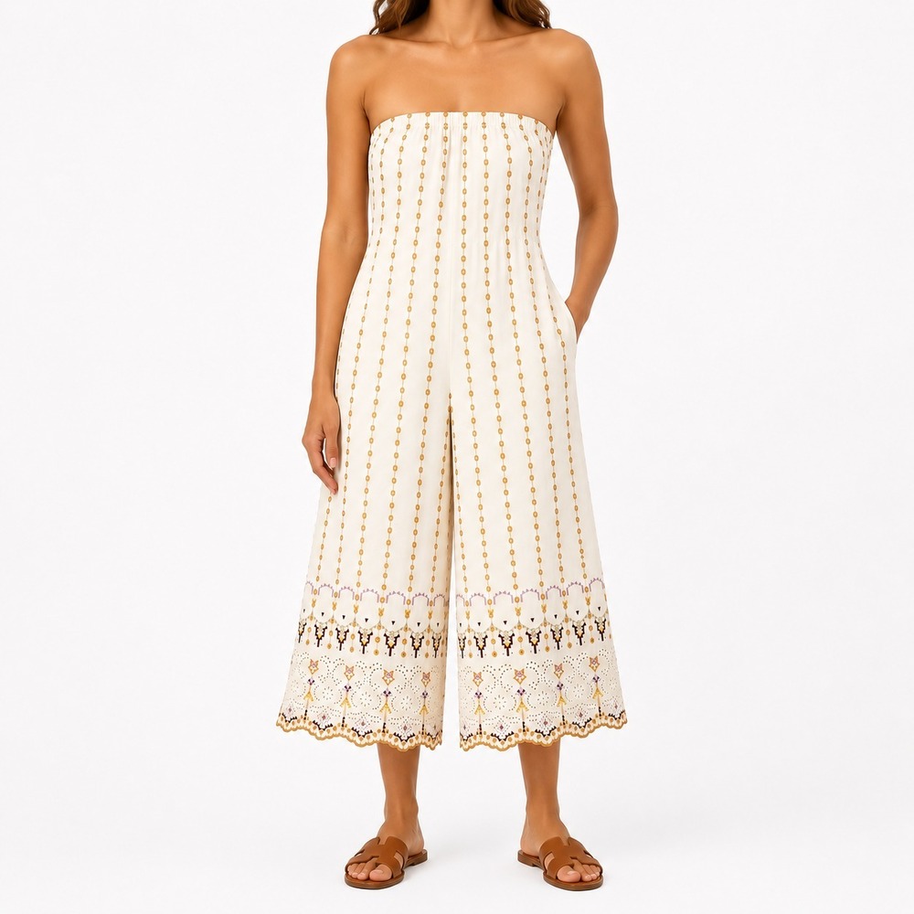 Anthropologie Wide Leg Jumpsuit Size 2 Floral Eyelet Tie Back Boho Festival